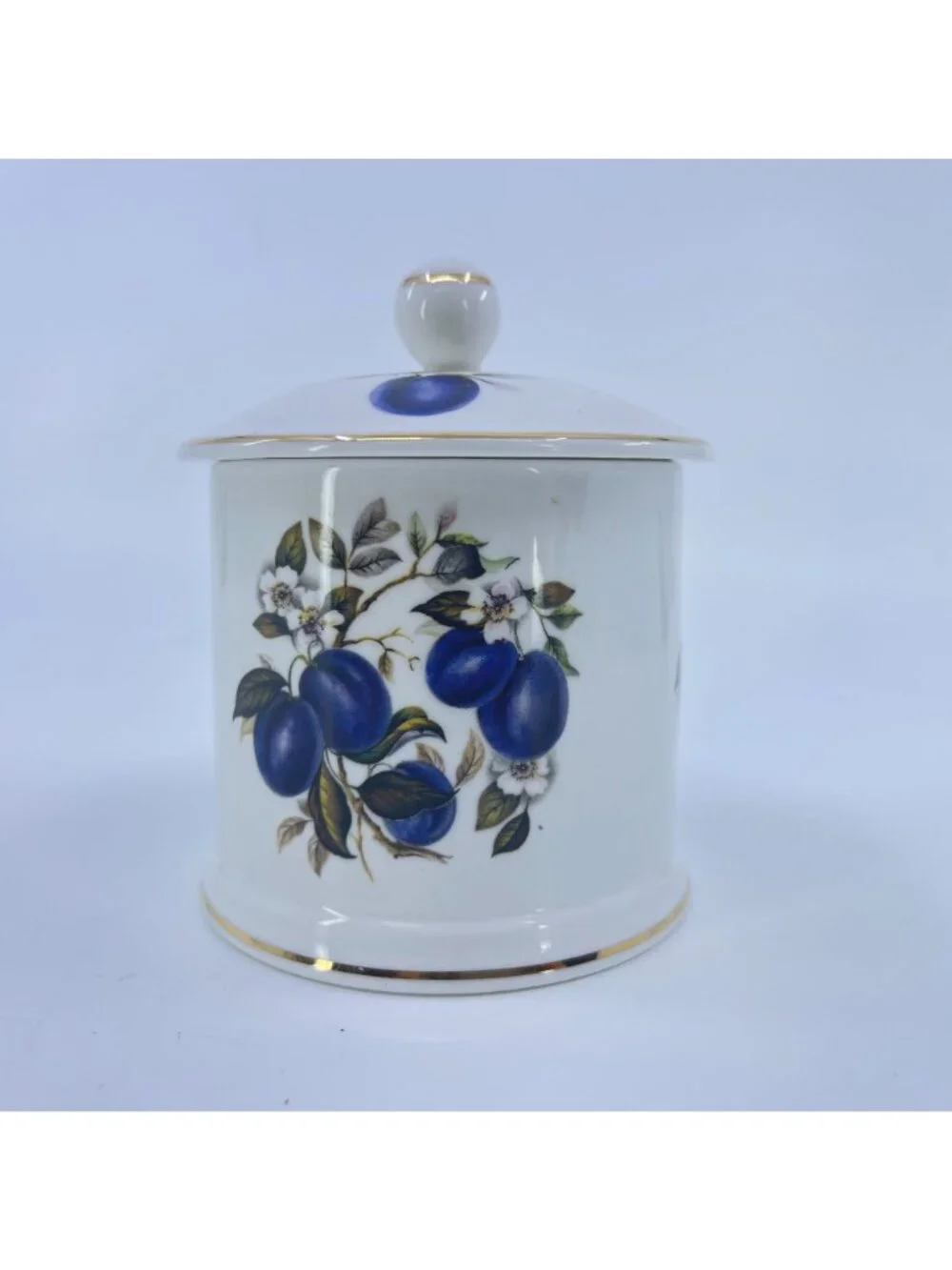 vintage fortnum & mason jam jar fine bone china blue plum motif gold trim
